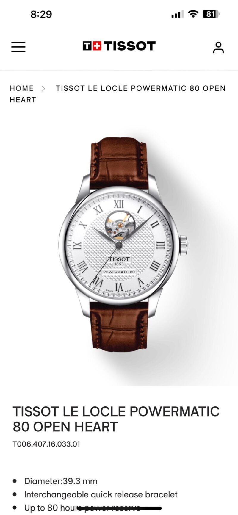 Tissot Powermatic 80 Open Heart