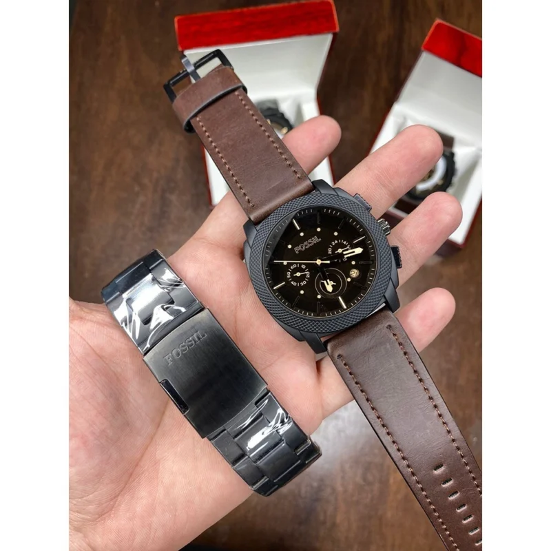 Men’s Fossil Watch Chronograph Leather Belt With Extra Stainless Steel Chain (SG-207)