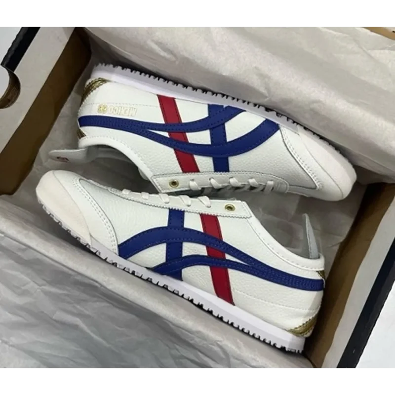 Trendy Ontisuka Tiger Mexico 66 White Blue Metallic Gold Leather Shoes For Men (SHUB637)