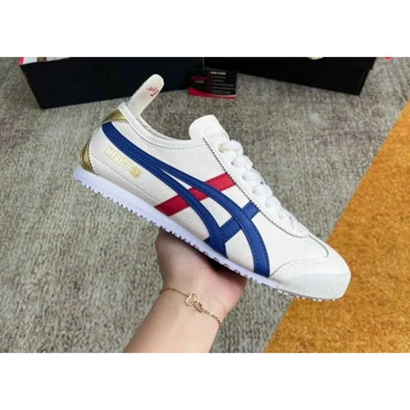 Trendy Ontisuka Tiger Mexico 66 White Blue Metallic Gold Leather Shoes For Men (SHUB637)