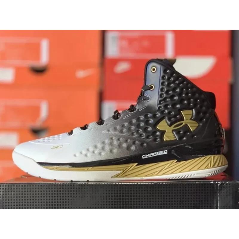 Imported Under Armour Stephen Curry 1 Black White Gold Shoes For Men (SW5925)