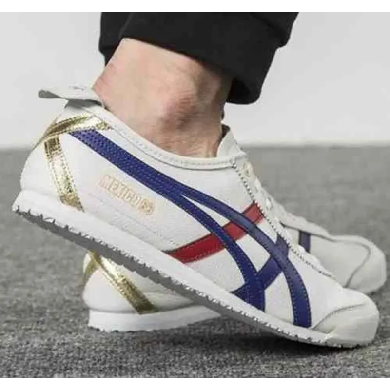 Trendy Ontisuka Tiger Mexico 66 White Blue Metallic Gold Leather Shoes For Men (SF156)