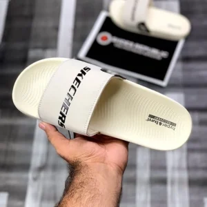 Luxurious Skechers Hyperburst Recovery Logo Cream Slides For Men (FF507)