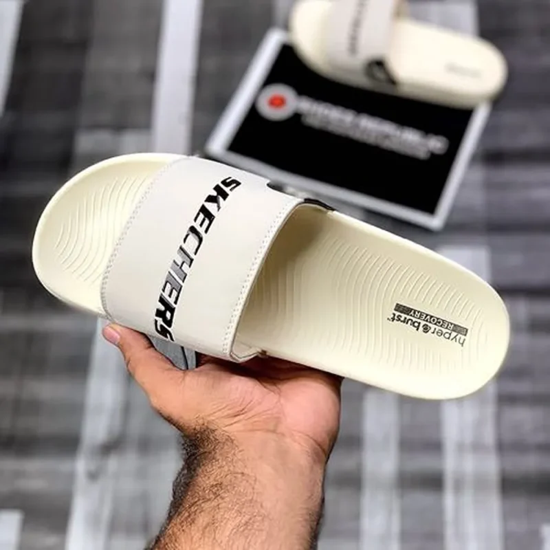Luxurious Skechers Hyperburst Recovery Logo Cream Slide For Men (SIG736)