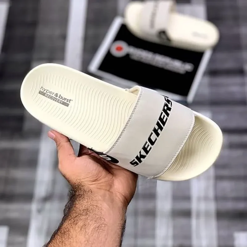 Luxurious Skechers Hyperburst Recovery Logo Cream Slide For Men (SIG736)