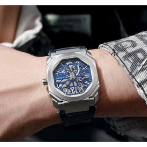 Stylish Bvlgari Leather Watch Octo Finissimo Blue For Men (FT894)