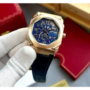 Stylish Bvlgari Leather Watch Octo Finissimo Blue For Men (FT897)