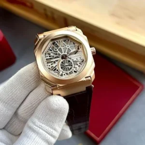 Stylish Bvlgari Leather Watch Octo Finissimo Rose Gold For Men (FT896)