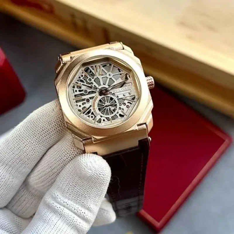 Stylish Bvlgari Leather Watch Octo Finissimo Rose Gold For Men (FT896)