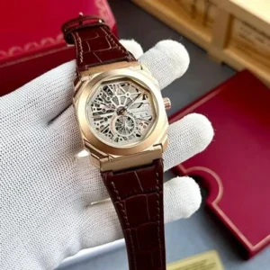 Stylish Bvlgari Leather Watch Octo Finissimo Rose Gold For Men (FT896)