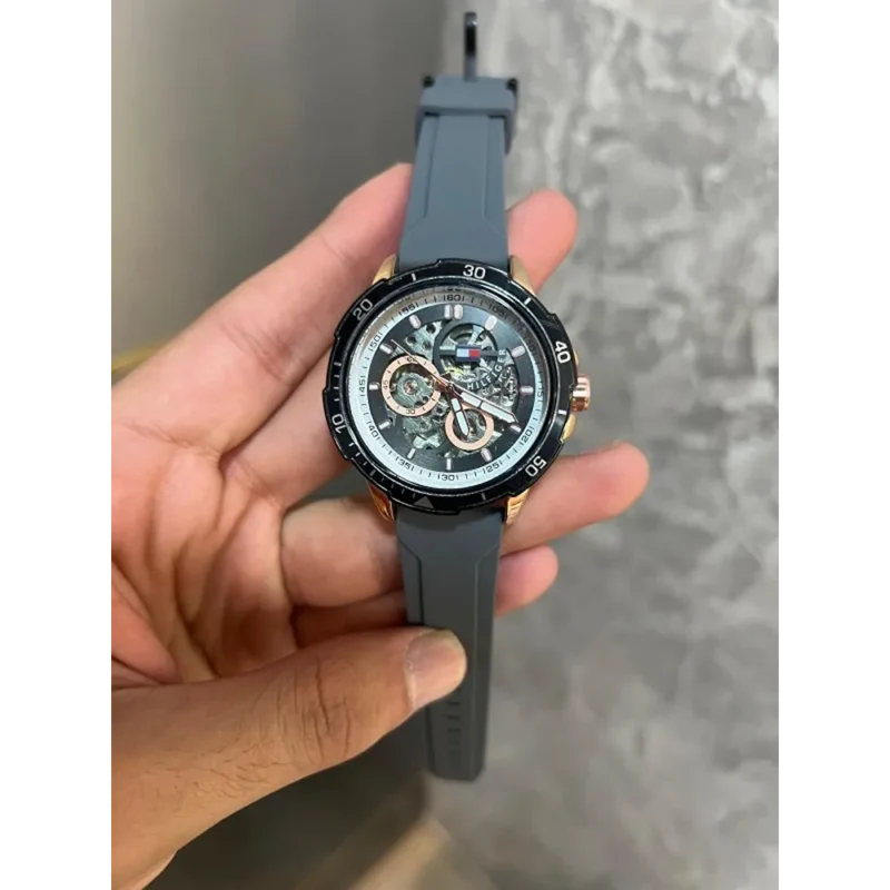 Tommy Hilfiger Watch Grey Silicone Strap Automatic Open Machinery For Men (SUP227)
