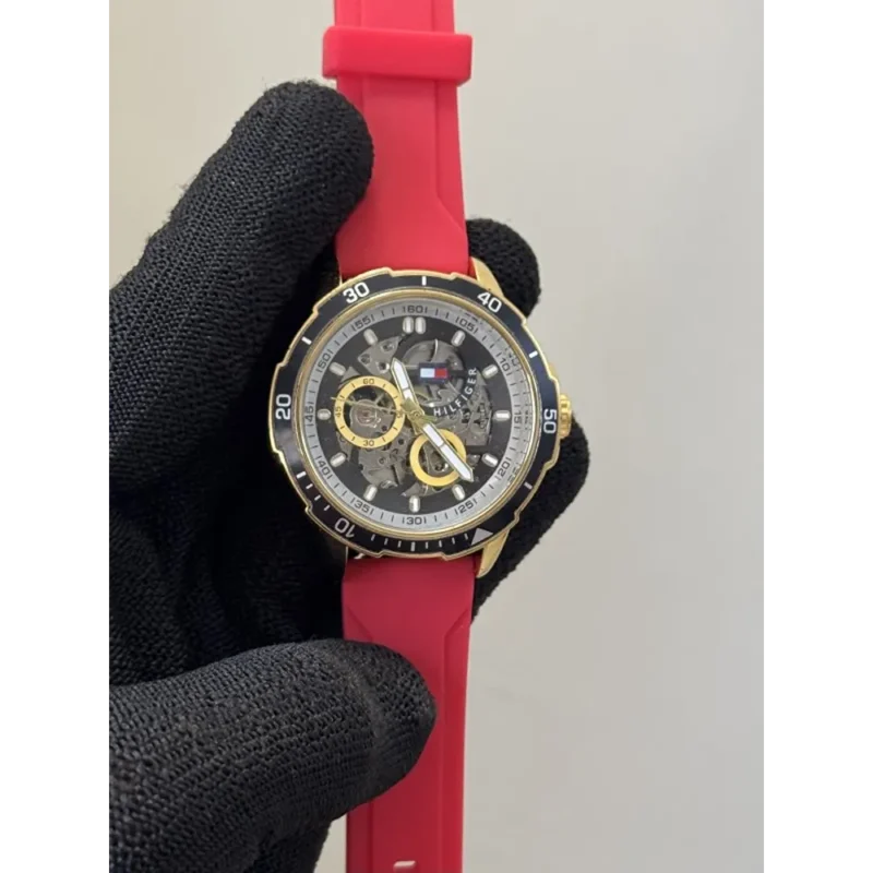 Tommy Hilfiger Watch Red Silicone Strap Automatic Open Machinery For Men (SUP231)