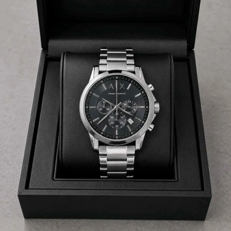 Elegant Armani Exchange Chronograph Watch Silver Black For Men (FGS102) - stayhit.in