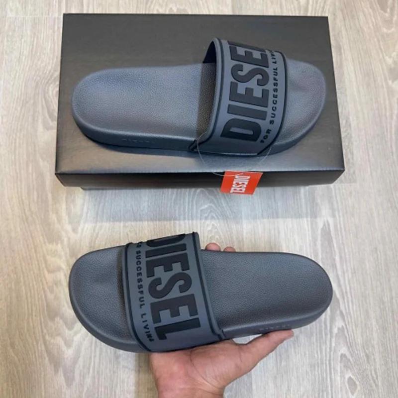 Imported Diesel Mayemi Logo Embossed Slides Grey Black For Men (HS404) - stayhit.in