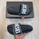 Imported Diesel Mayemi Logo Slides Embossed Black White For Men (HS408) - stayhit.in
