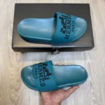 Premium Hermes Paris Embossed Logo Slides Teal Blue Black For Men (HS383) - stayhit.in