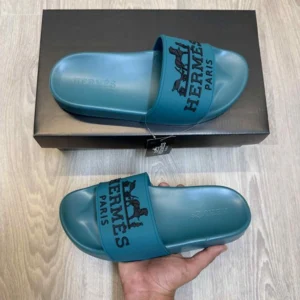 Premium Hermes Paris Embossed Logo Slides Teal Blue Black For Men (HS383) - stayhit.in