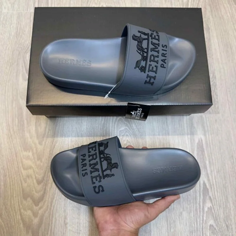Premium Hermes Paris Embossed Slides Grey Black For Men (WS357) - stayhit.in