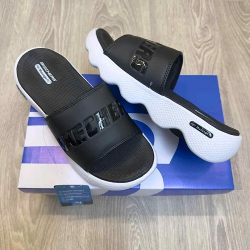 Premium Skechers Fit Footbed Slides Black White For Men (WS356) - stayhit.in