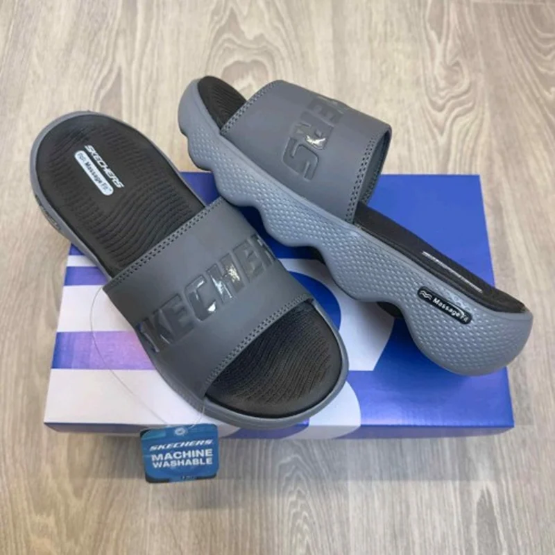 Stylish Skechers Massage Fit Footbed Slides Grey Black For Men (HS426) - stayhit.in